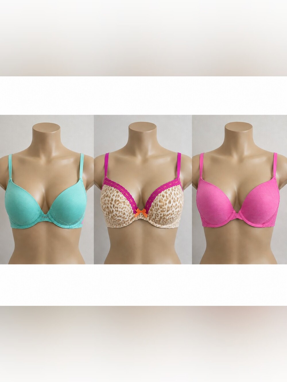 3-Piece Women’s Bra Bundle – Aqua, Leopard Print & Hot Pink